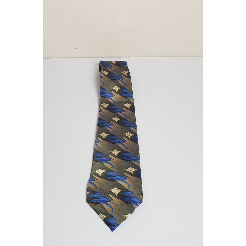 Murano‎ Italia Mens Silk Necktie Abstract Geometric Green Blue Tan Made in USA